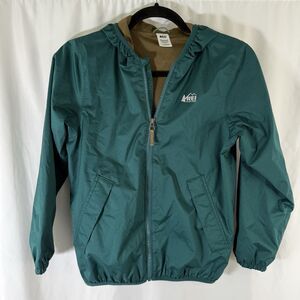 REI Jacket Kids Medium 10 12 Solid Green Full Zip Hooded Pockets Rain Wind
